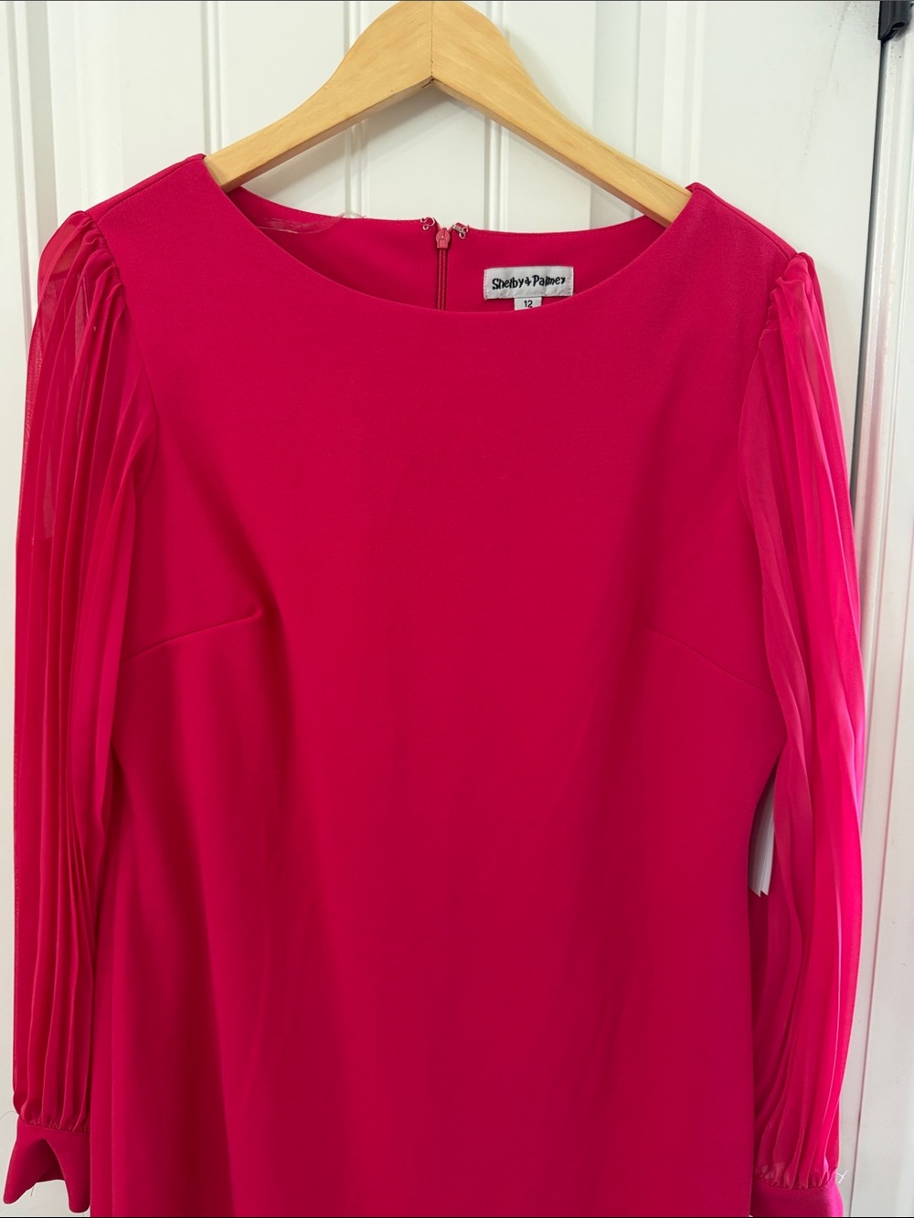 Shelby & Palmer Hot Pink Pleated-Sleeve Long-Sleeve Shift Dress